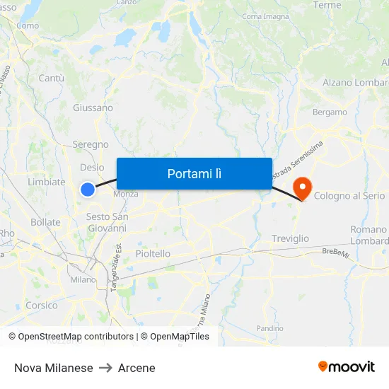 Nova Milanese to Arcene map