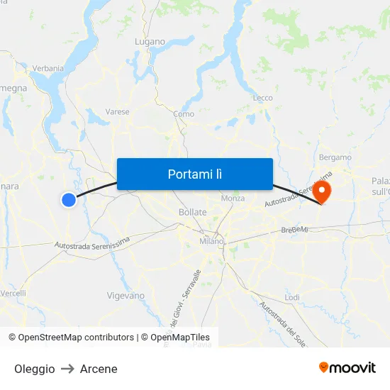 Oleggio to Arcene map