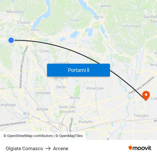 Olgiate Comasco to Arcene map