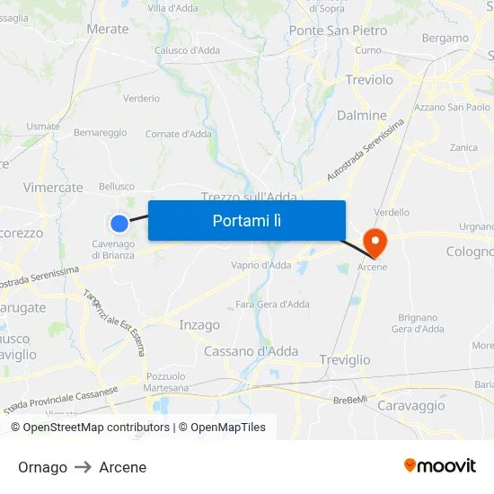 Ornago to Arcene map