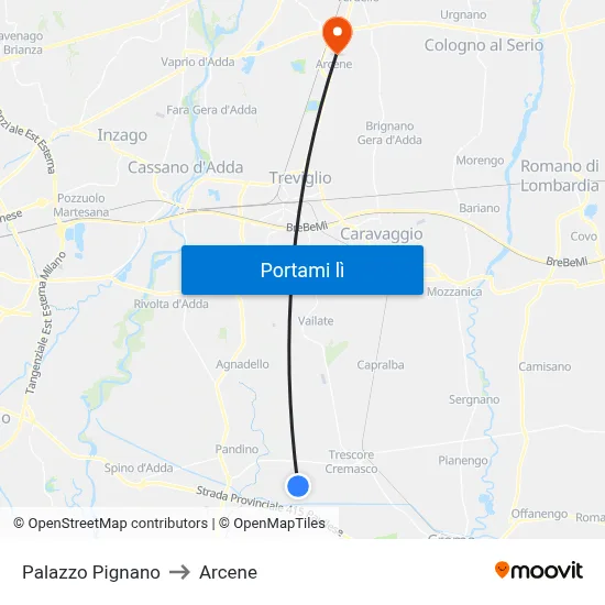 Palazzo Pignano to Arcene map