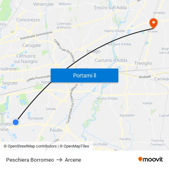 Peschiera Borromeo to Arcene map