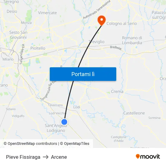 Pieve Fissiraga to Arcene map