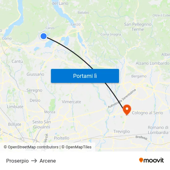 Proserpio to Arcene map