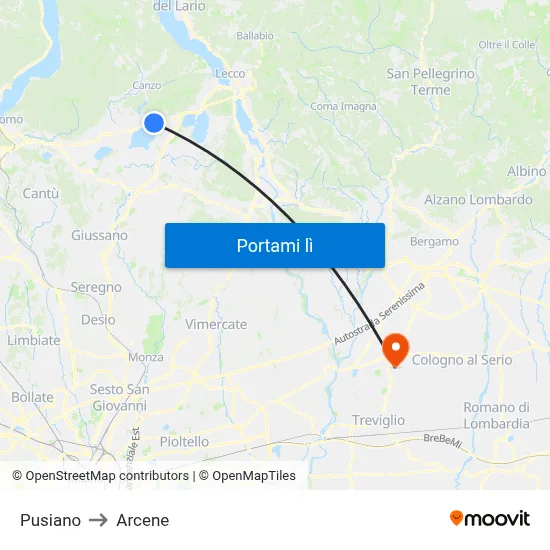 Pusiano to Arcene map