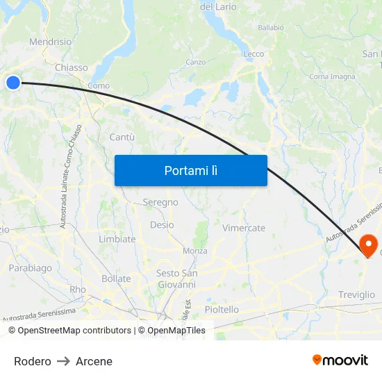 Rodero to Arcene map