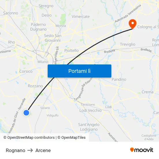 Rognano to Arcene map