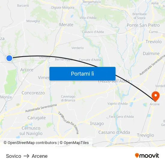 Sovico to Arcene map