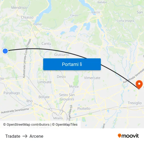 Tradate to Arcene map