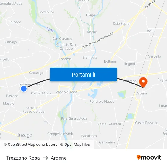 Trezzano Rosa to Arcene map