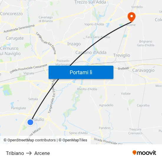 Tribiano to Arcene map