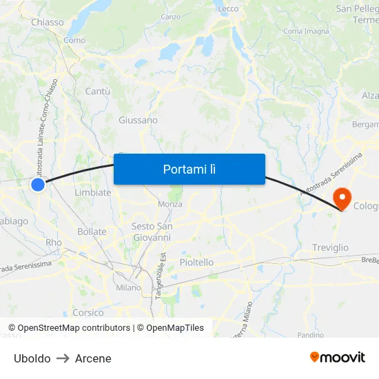 Uboldo to Arcene map
