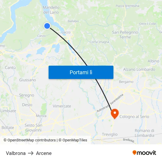 Valbrona to Arcene map