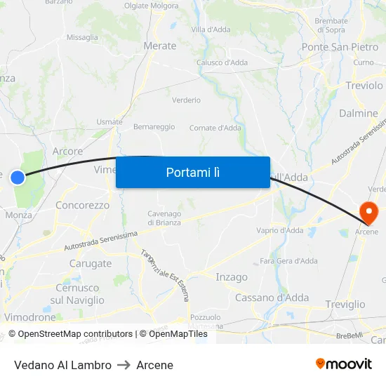 Vedano Al Lambro to Arcene map