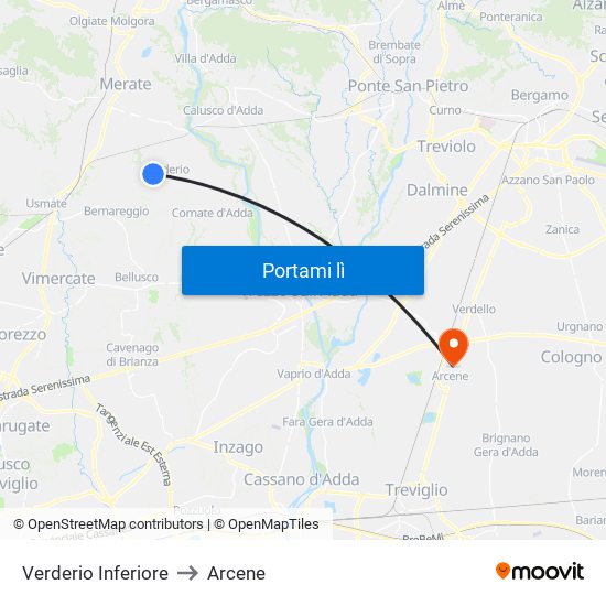 Verderio Inferiore to Arcene map