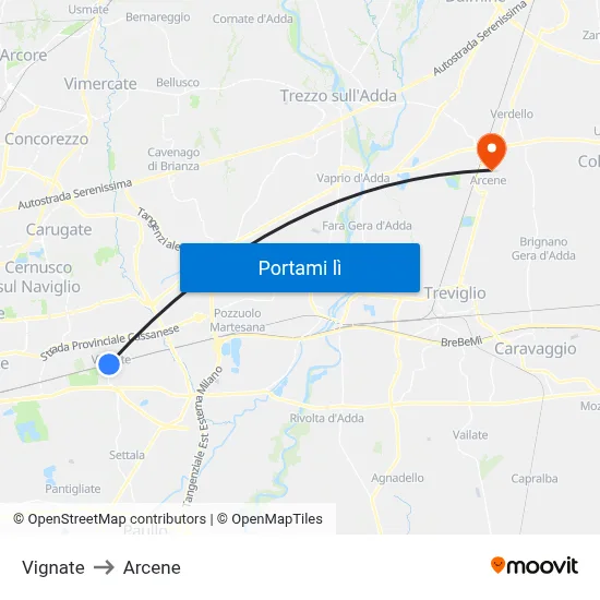 Vignate to Arcene map