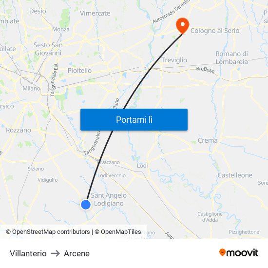 Villanterio to Arcene map