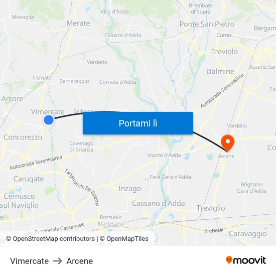 Vimercate to Arcene map