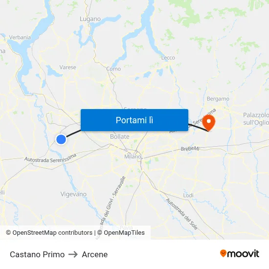 Castano Primo to Arcene map