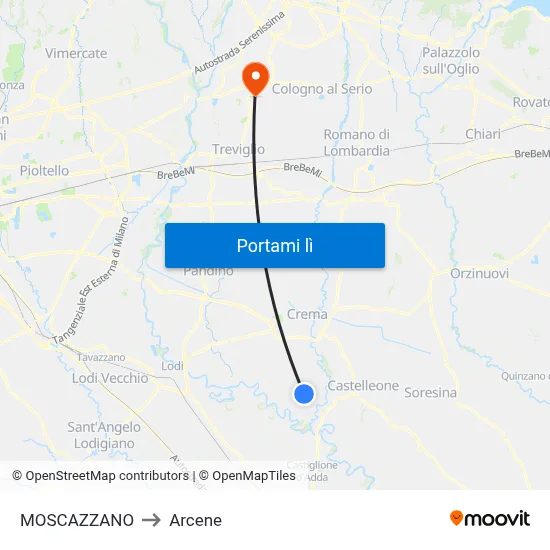 MOSCAZZANO to Arcene map