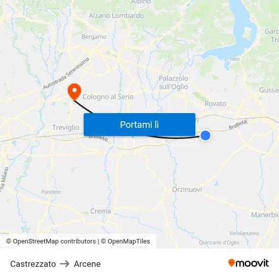 Castrezzato to Arcene map