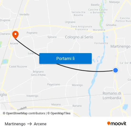 Martinengo to Arcene map
