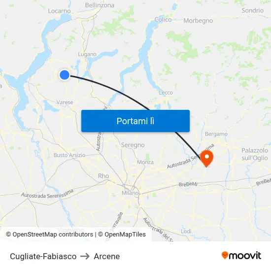 Cugliate-Fabiasco to Arcene map