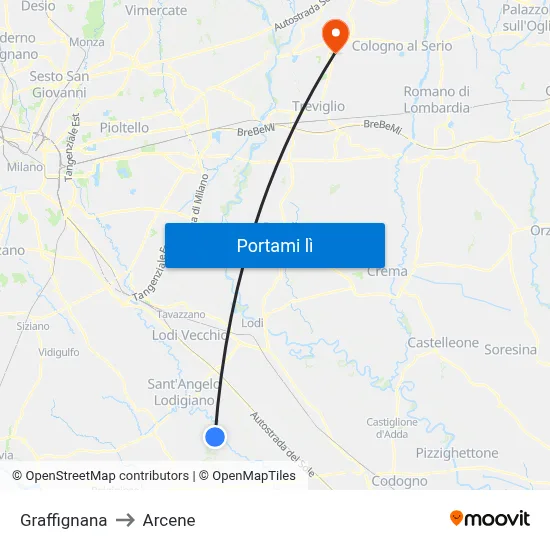 Graffignana to Arcene map