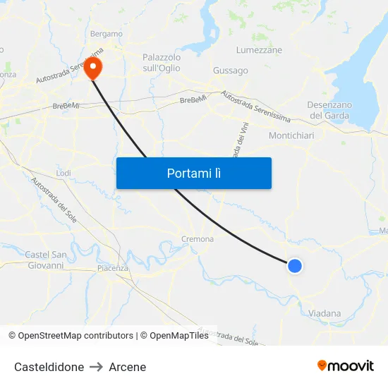 Casteldidone to Arcene map