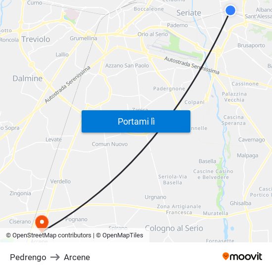 Pedrengo to Arcene map