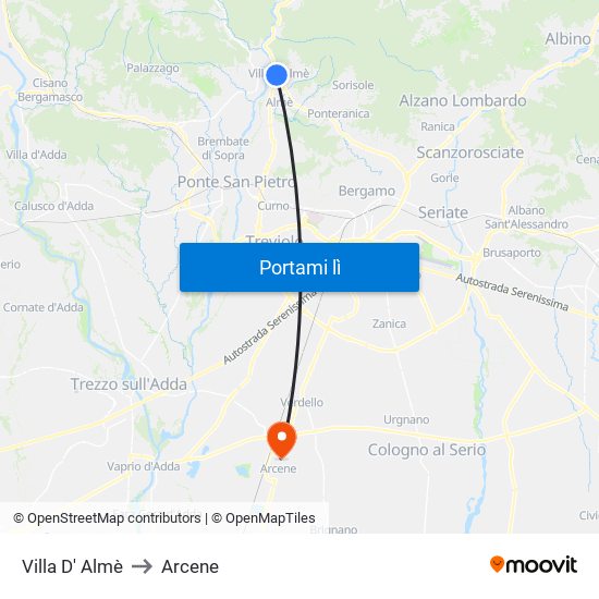 Villa D' Almè to Arcene map