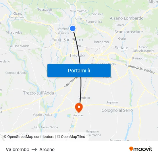 Valbrembo to Arcene map