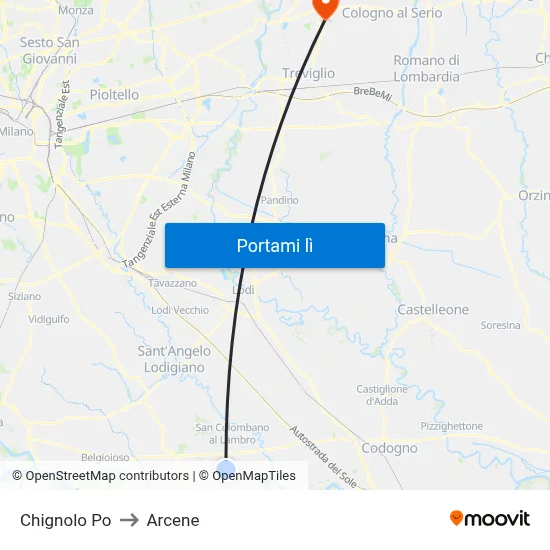Chignolo Po to Arcene map