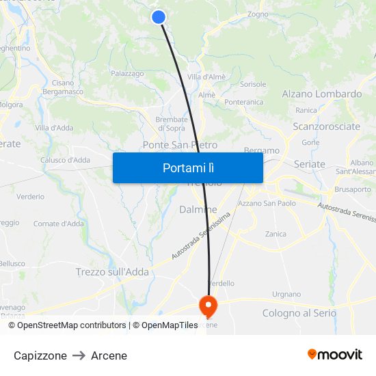 Capizzone to Arcene map