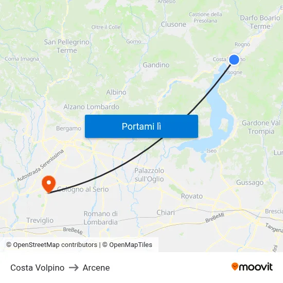Costa Volpino to Arcene map