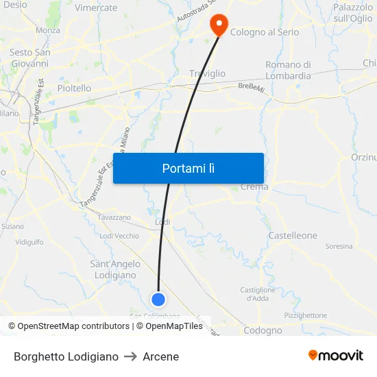 Borghetto Lodigiano to Arcene map