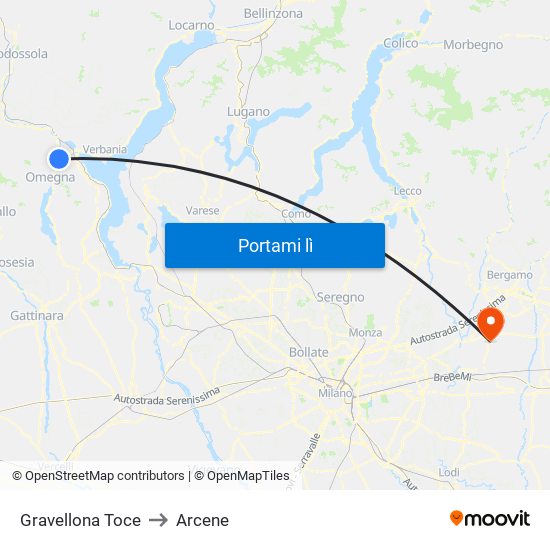 Gravellona Toce to Arcene map