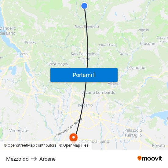 Mezzoldo to Arcene map