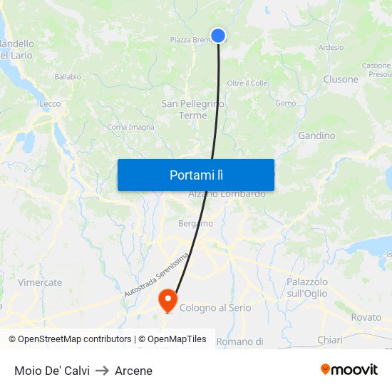 Moio De' Calvi to Arcene map