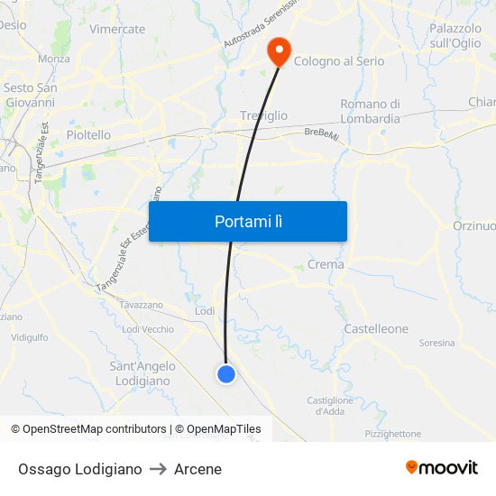 Ossago Lodigiano to Arcene map