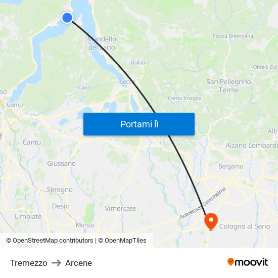 Tremezzo to Arcene map