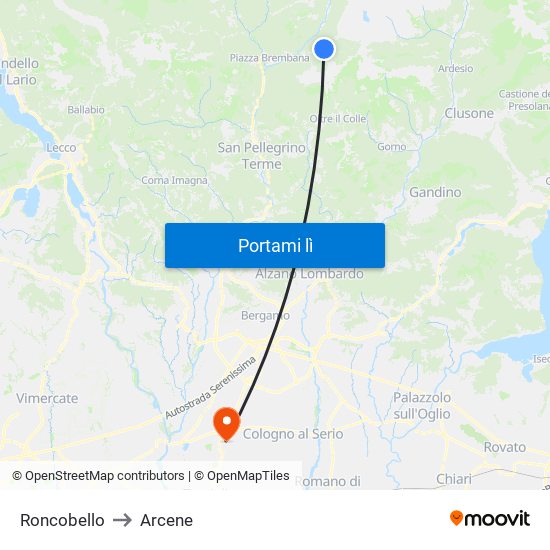 Roncobello to Arcene map