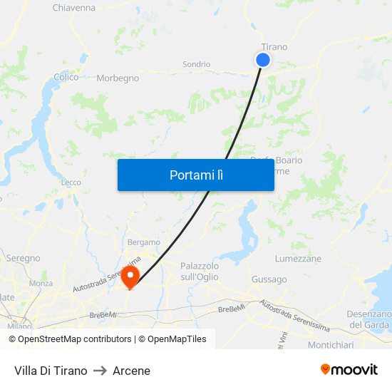Villa Di Tirano to Arcene map