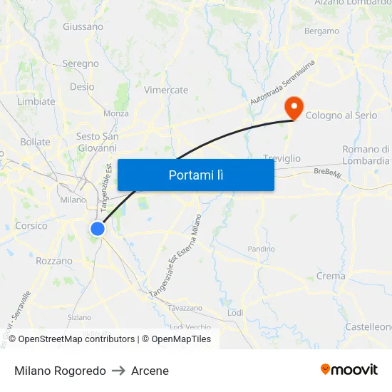 Milano Rogoredo to Arcene map