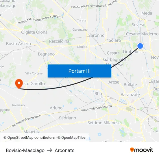 Bovisio-Masciago to Arconate map