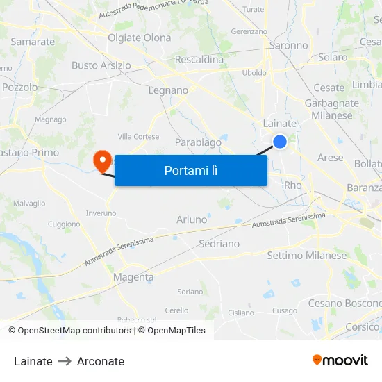 Lainate to Arconate map