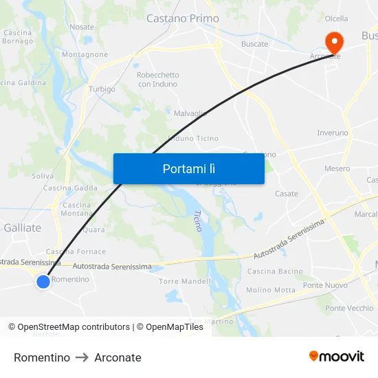 Romentino to Arconate map