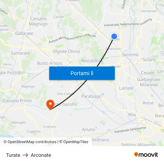 Turate to Arconate map