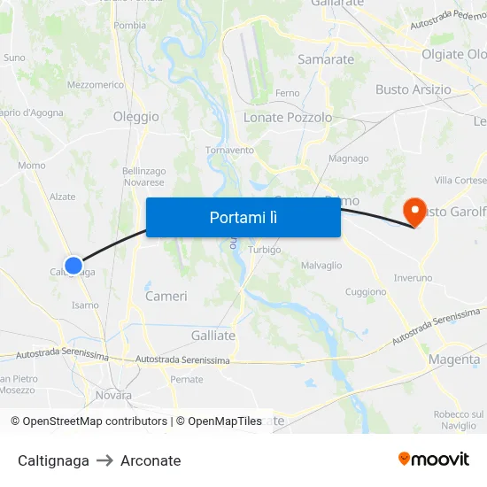 Caltignaga to Arconate map