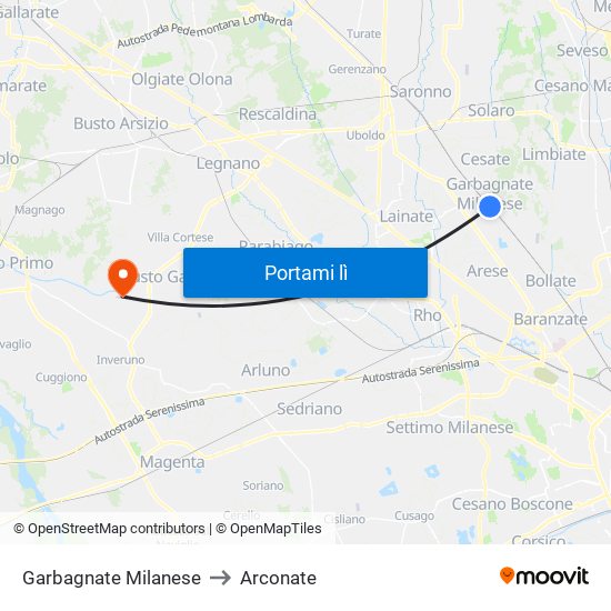 Garbagnate Milanese to Arconate map